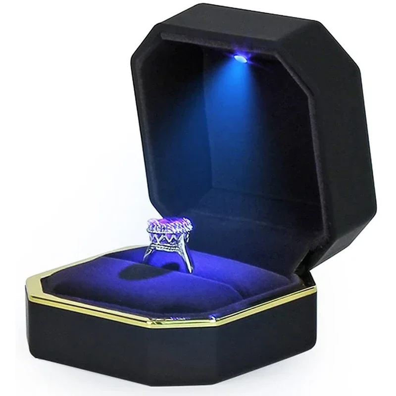LED-lit ring box with velvet insert, octagonal, 7.5 cm — representative supplier photograph