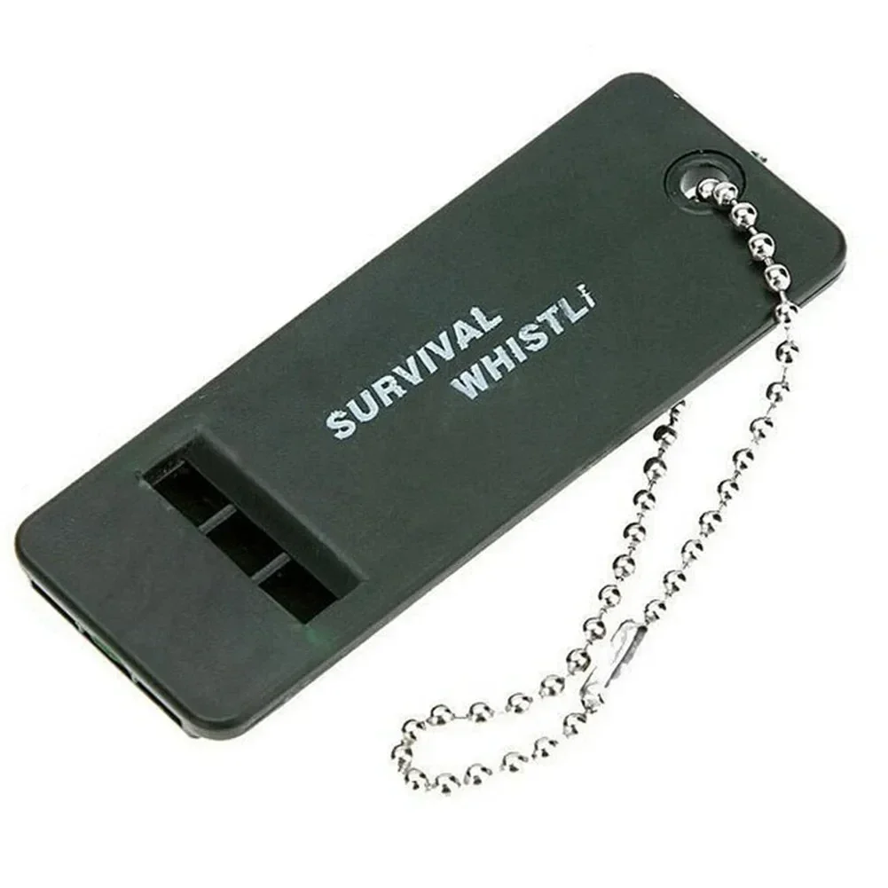 Flat three-chamber survival whistle with ball chain — representative supplier photograph