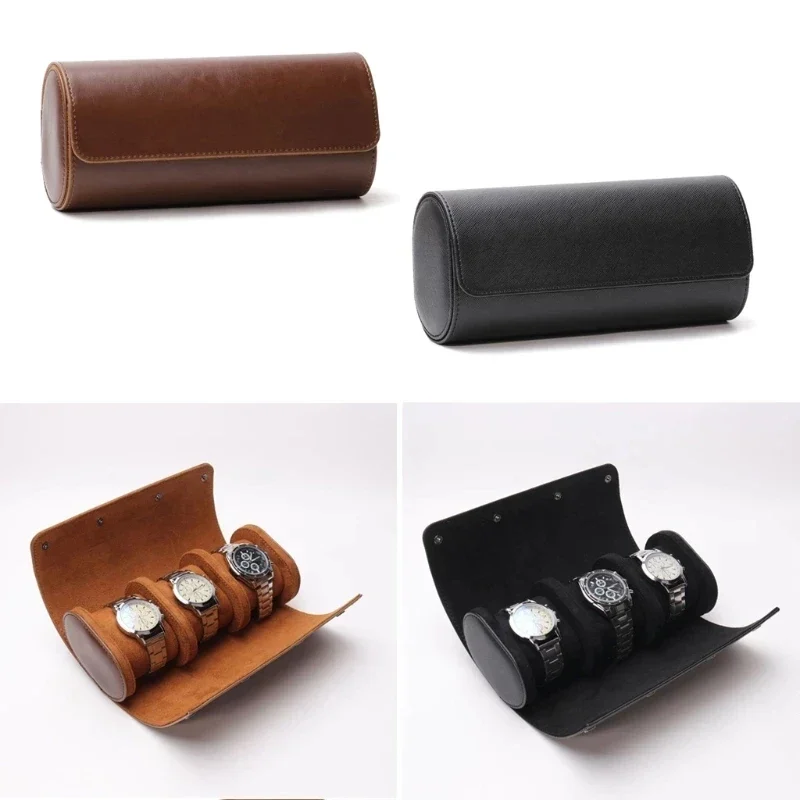 Three-watch travel roll case with removable cushions, black faux leather — representative supplier photograph