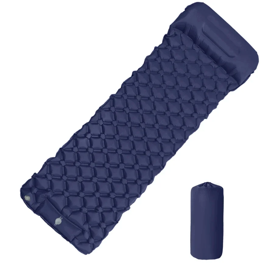 Inflatable camping sleeping pad with pillow and built-in foot pump — representative supplier photograph