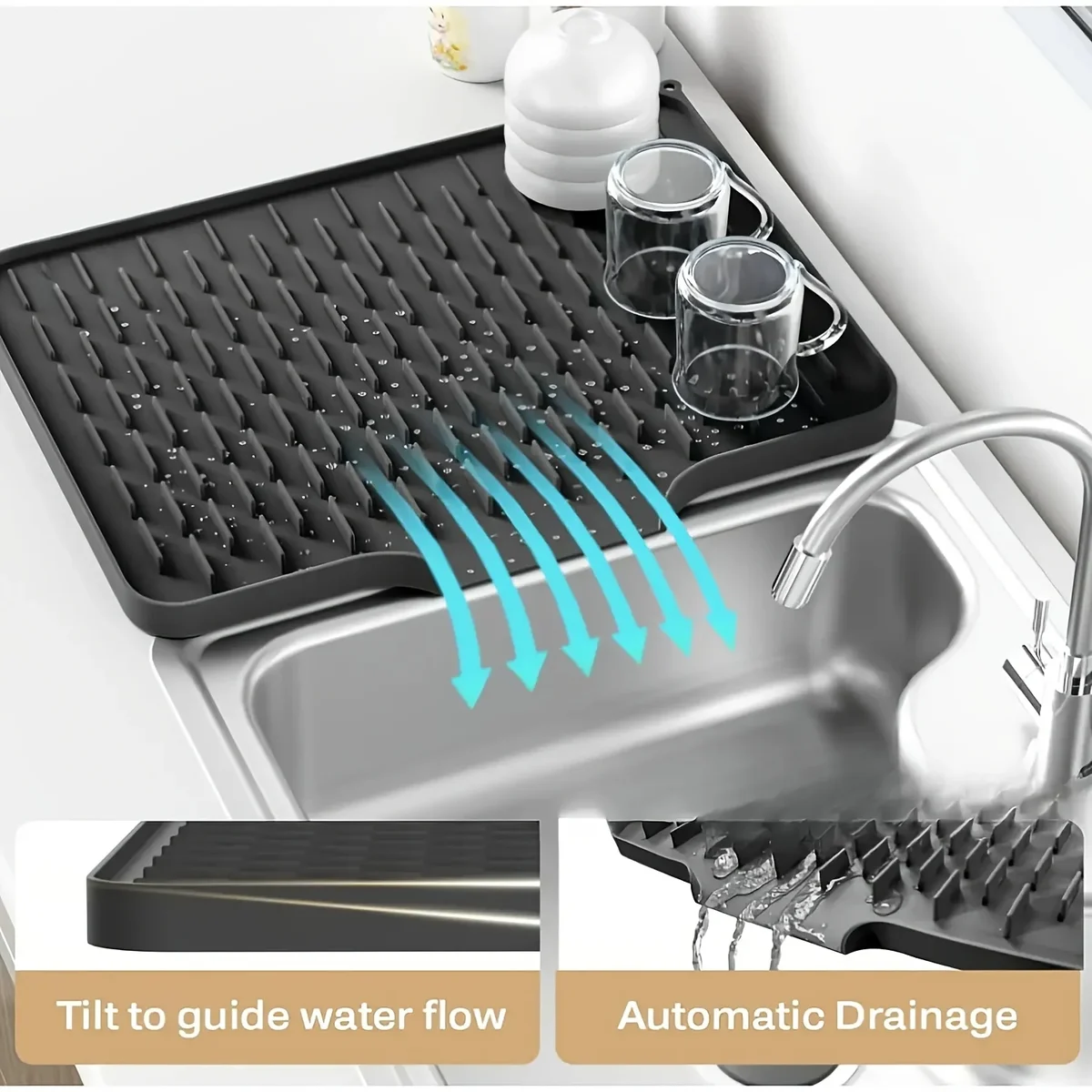 Silicone dish drying mat with drain lip, 40 x 32 cm — representative supplier photograph