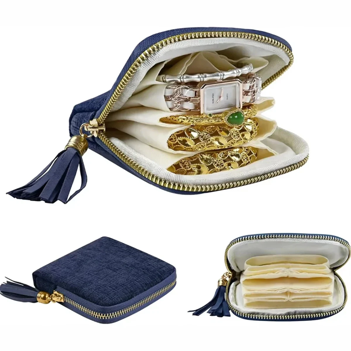 Velvet travel jewelry pouch with five inner pockets and tassel zip — representative supplier photograph