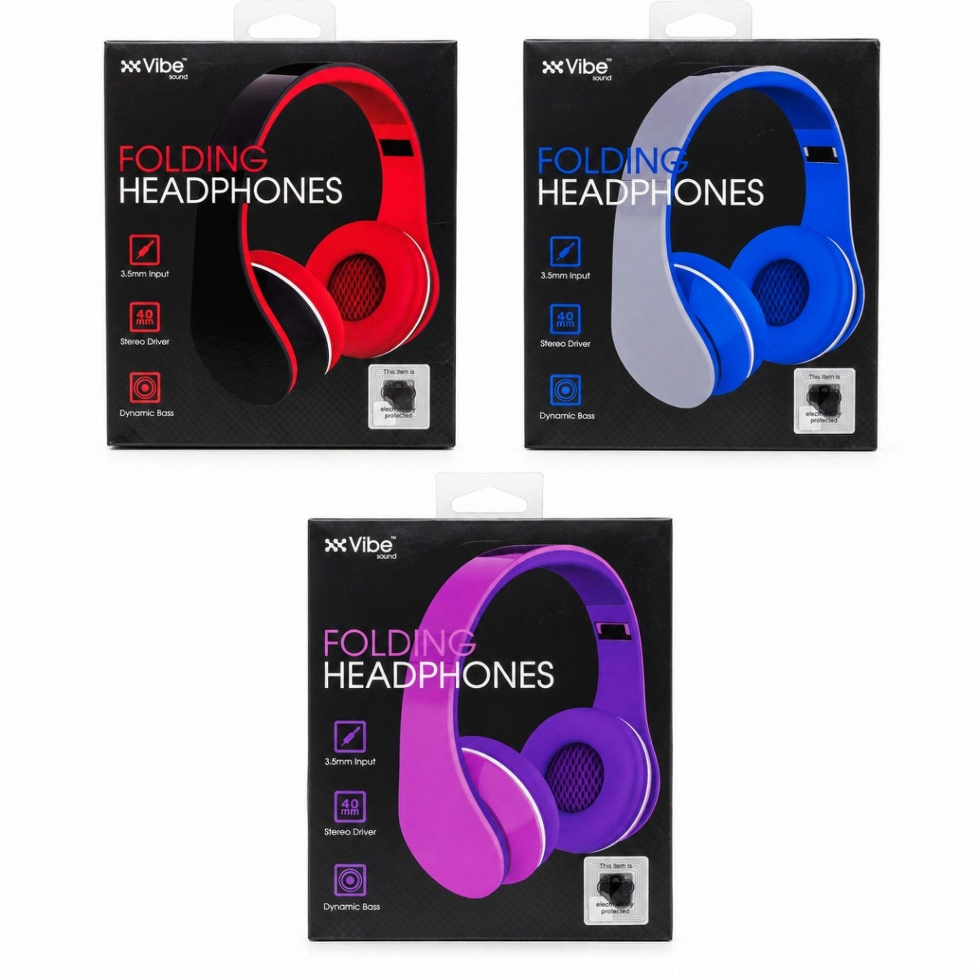 Vibe Folding Wired Dynamic Bass Headphones in Assorted Colors (pack of 8)
