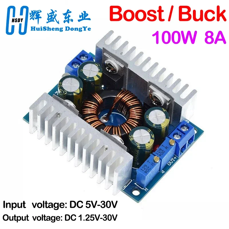 Adjustable DC-DC buck-boost converter module, 5–30 V in, 1.25–30 V out — representative supplier photograph