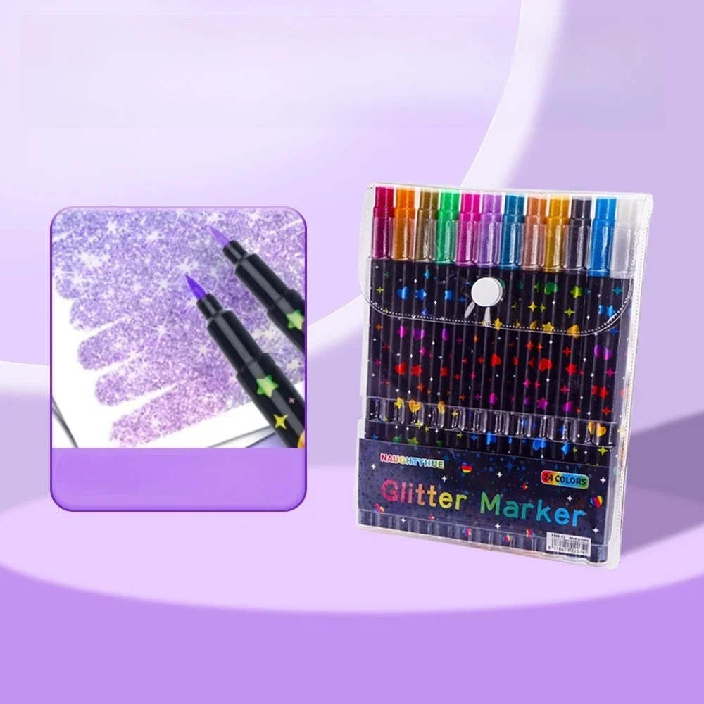 Double-ended glitter marker pens, 12 pens in 24 colours — representative supplier photograph