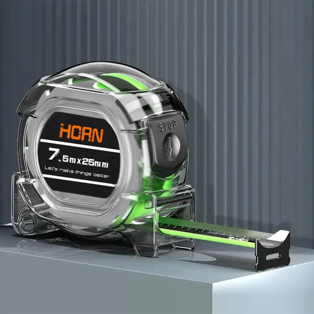 Self-locking tape measure with glow-in-the-dark blade, 3 to 10 m — representative supplier photograph