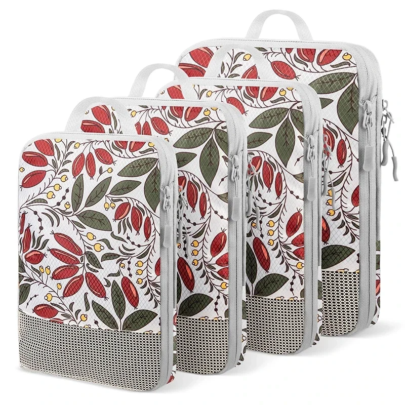 Compression packing cubes with zip, set of 4, berry leaf print — representative supplier photograph