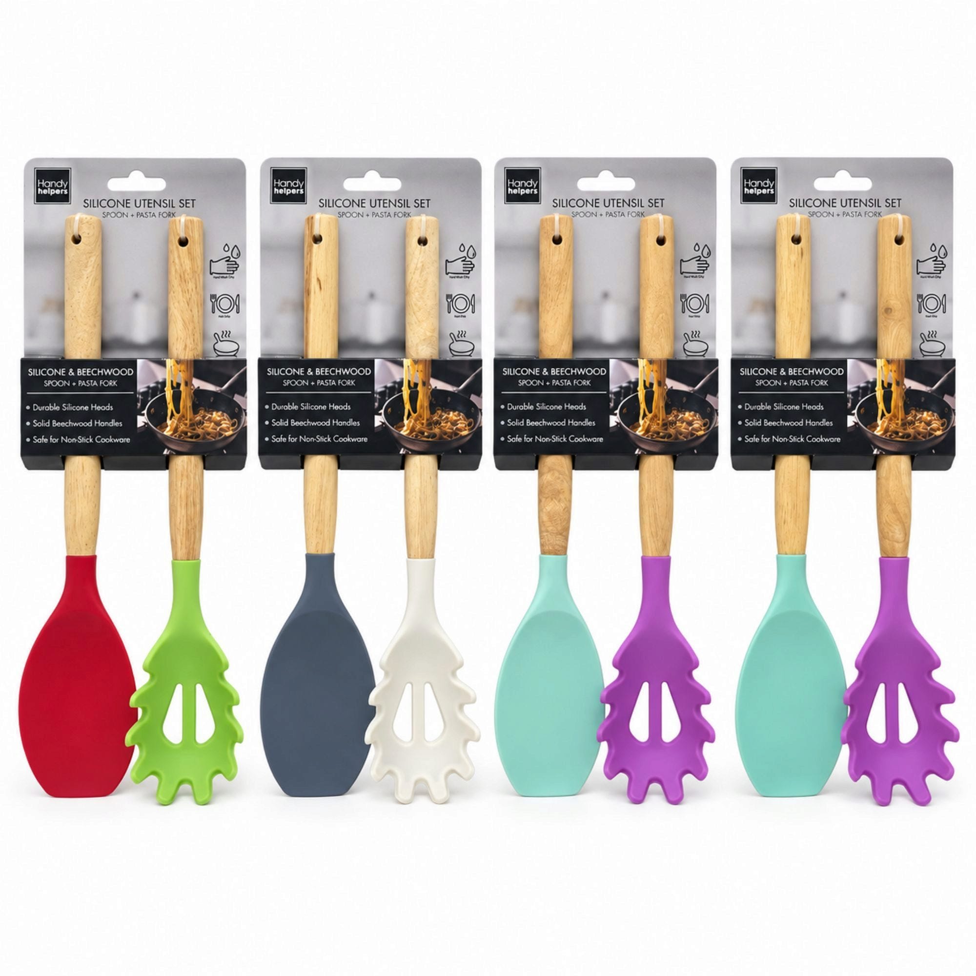 Bulk 15-Pack: 2 Piece Silicone and Beechwood Spoon and Pasta Server Utensil Set