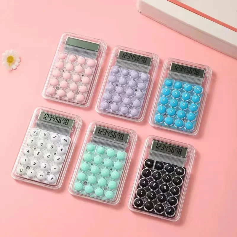 Mini clear calculator with round keys, 8 digits — representative supplier photograph