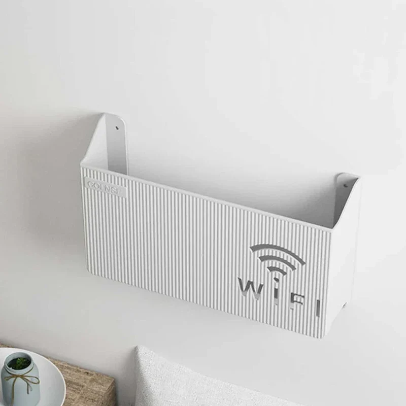 Wall-mounted router shelf, white — representative supplier photograph