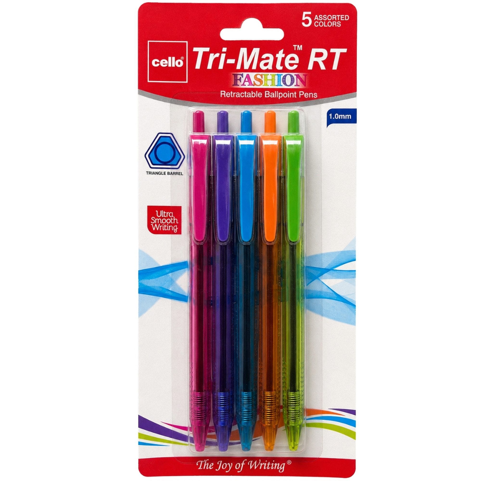 Bulk 36-Pack: Cello 5 Pack 1.0mm Retractable Tri-mate Ballpoint Fashion Bright Colors Pens