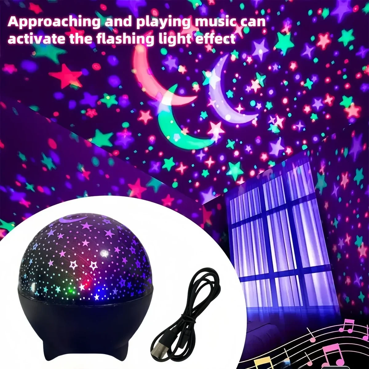 USB star and moon projector lamp with colour-changing lights — representative supplier photograph