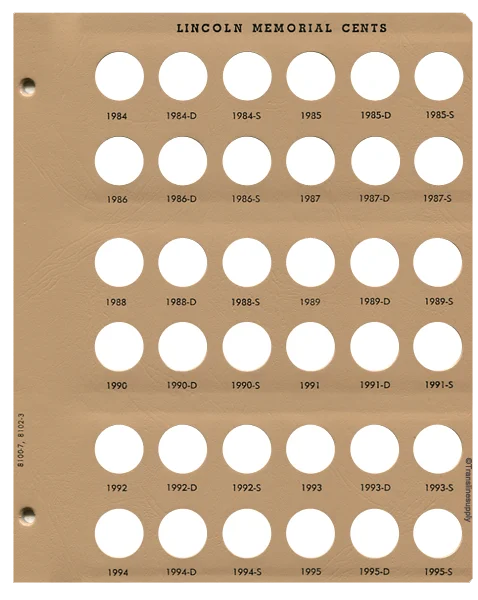 Lincoln Cents with Proof Replacement Page 7 1984-1995-S