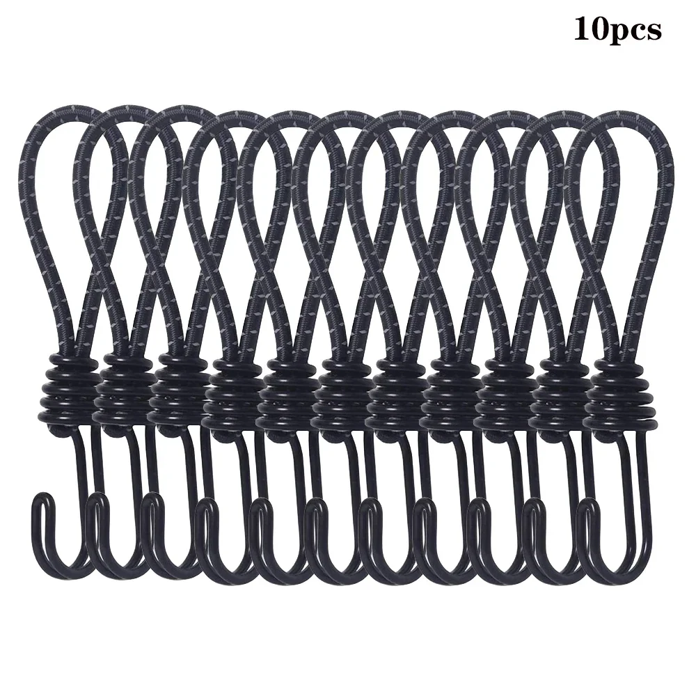 Elastic cords with plastic hooks for tents and tarps, 5 or 10 pack — representative supplier photograph