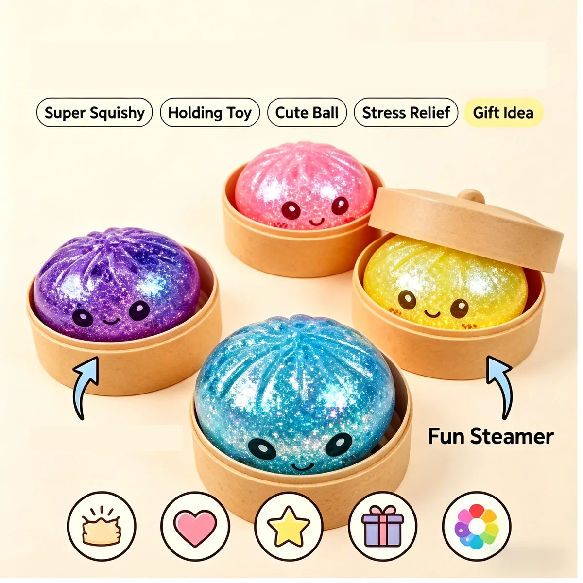 Squishy steamed bun fidget toy in a mini steamer basket — representative supplier photograph