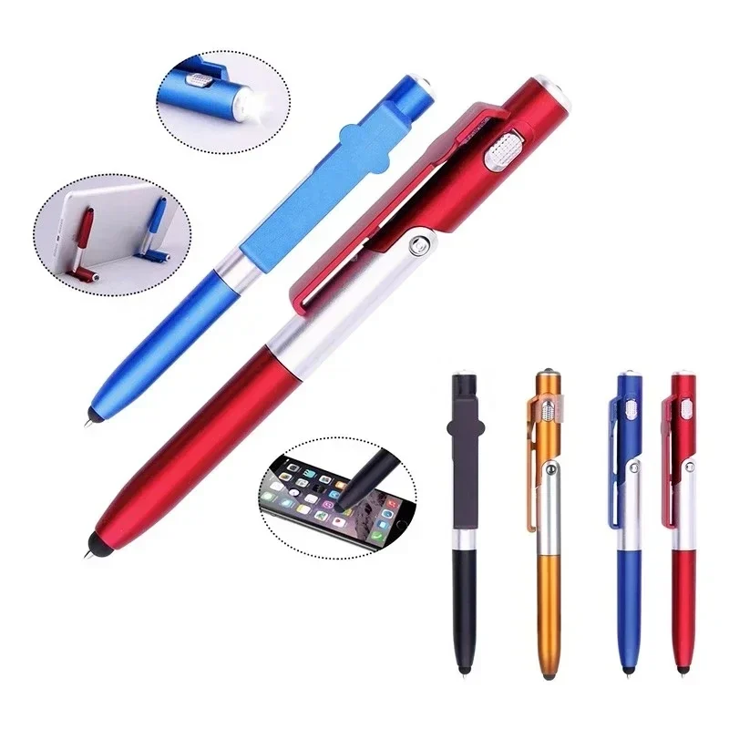 4-in-1 ballpoint pen with LED light, stylus tip and fold-out phone stand — representative supplier photograph