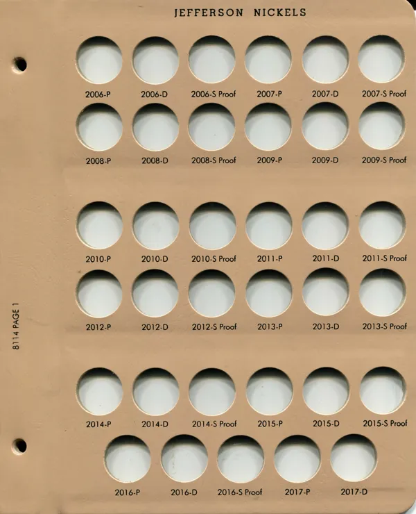 Jefferson Nickels 2006 - 2017D with Proof Replacement Page 1