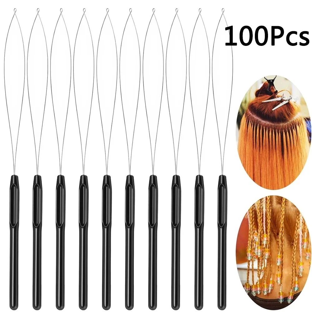 Hair extension loop tools with threader, 5 to 100 pack — representative supplier photograph