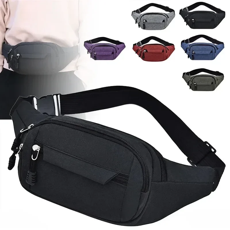 Oxford cloth waist bag with multiple zip pockets, 28 cm wide — representative supplier photograph