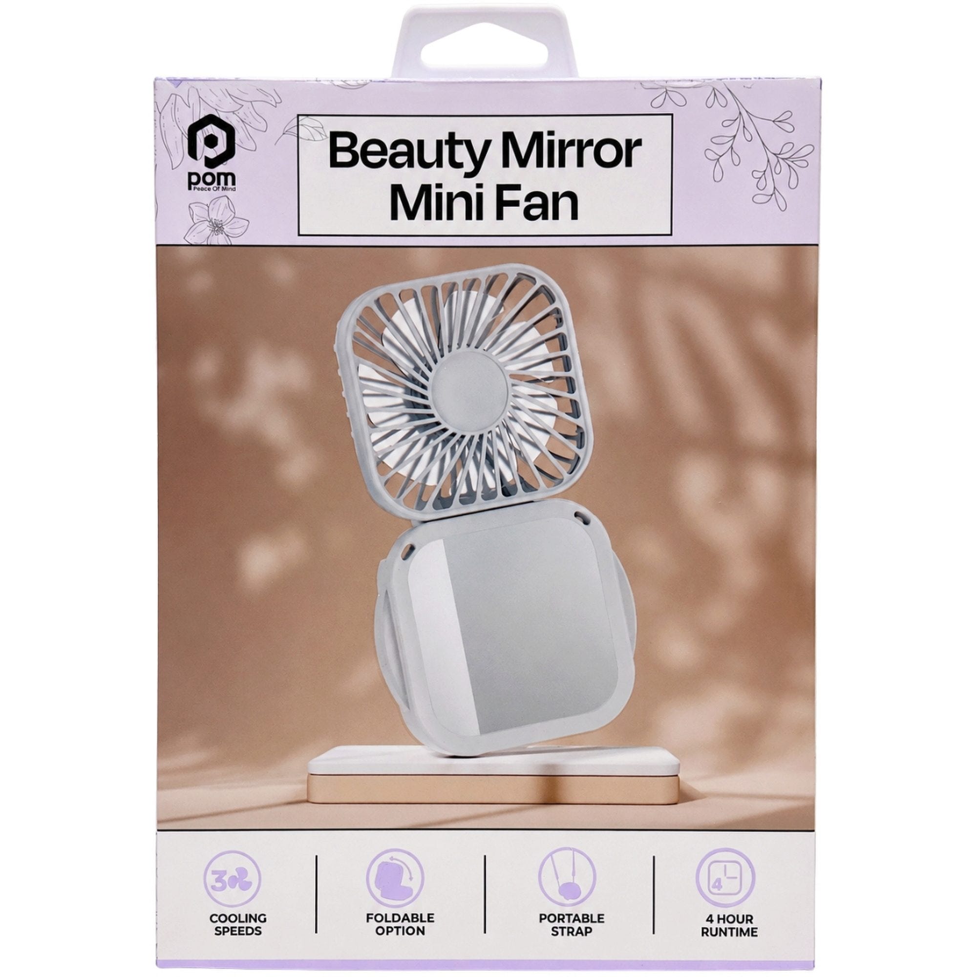 Bulk 12-Pack: POM Gear Rechargeable Folding Beauty Mini Fan with Mirror & Neck Strap in White
