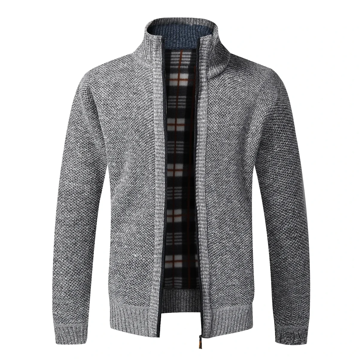 Men's full-zip knit cardigan with plaid fleece lining — representative supplier photograph
