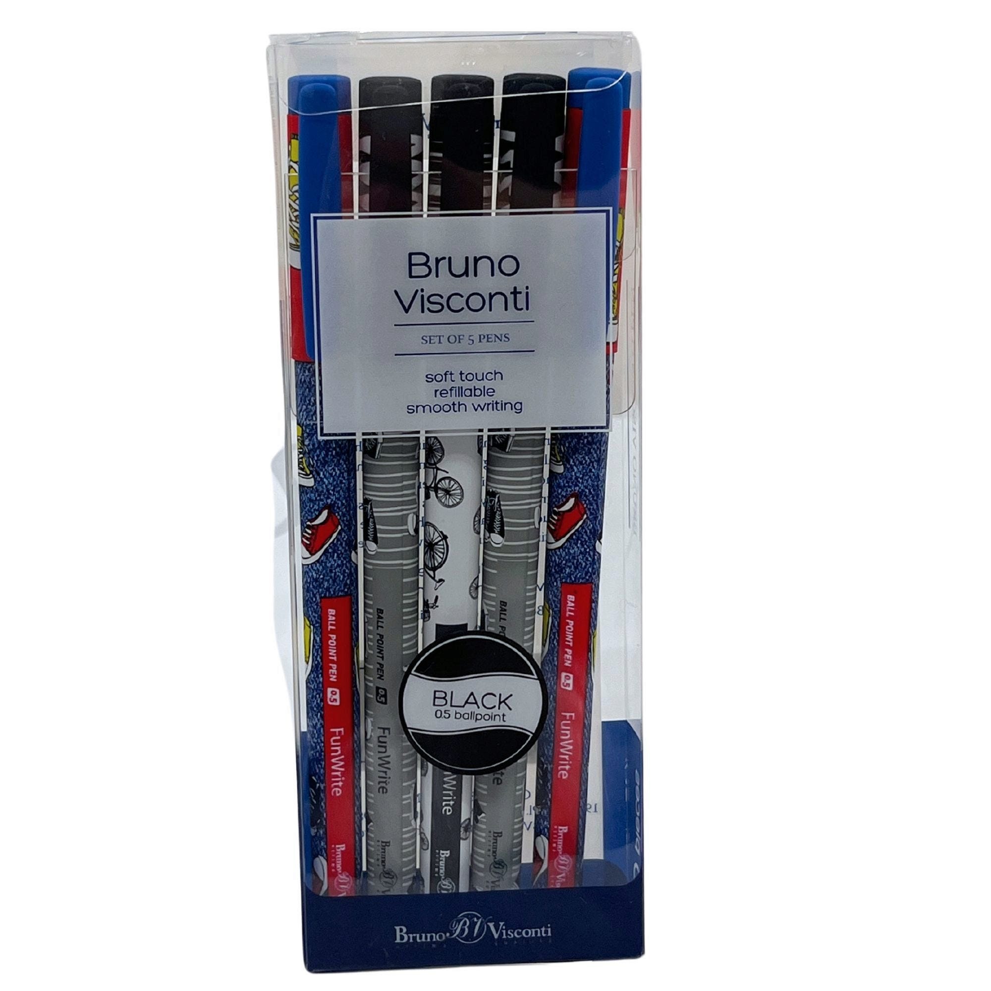 Bulk 48-Pack: Bruno Visconti 5 Pack 0.5mm Ballpoint Pens in Bicycles & Sneakers Designs