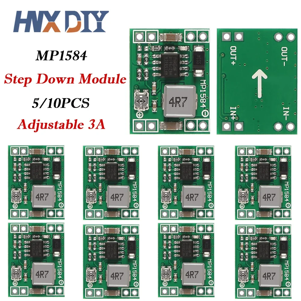MP1584EN adjustable step-down converter modules, 3 A, packs of 5 or 10 — representative supplier photograph