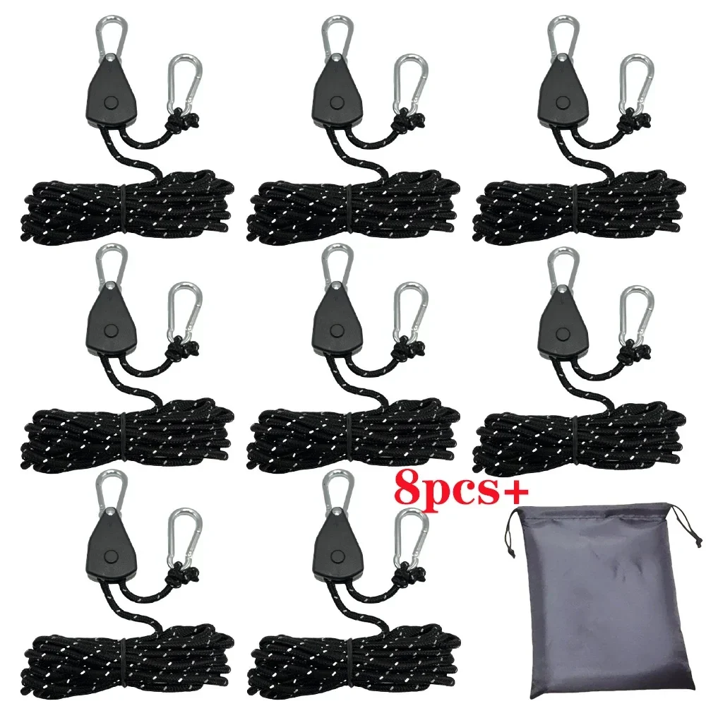 Guy lines with ratchet pulley tensioners and carabiners, 4 m, set of 8 — representative supplier photograph