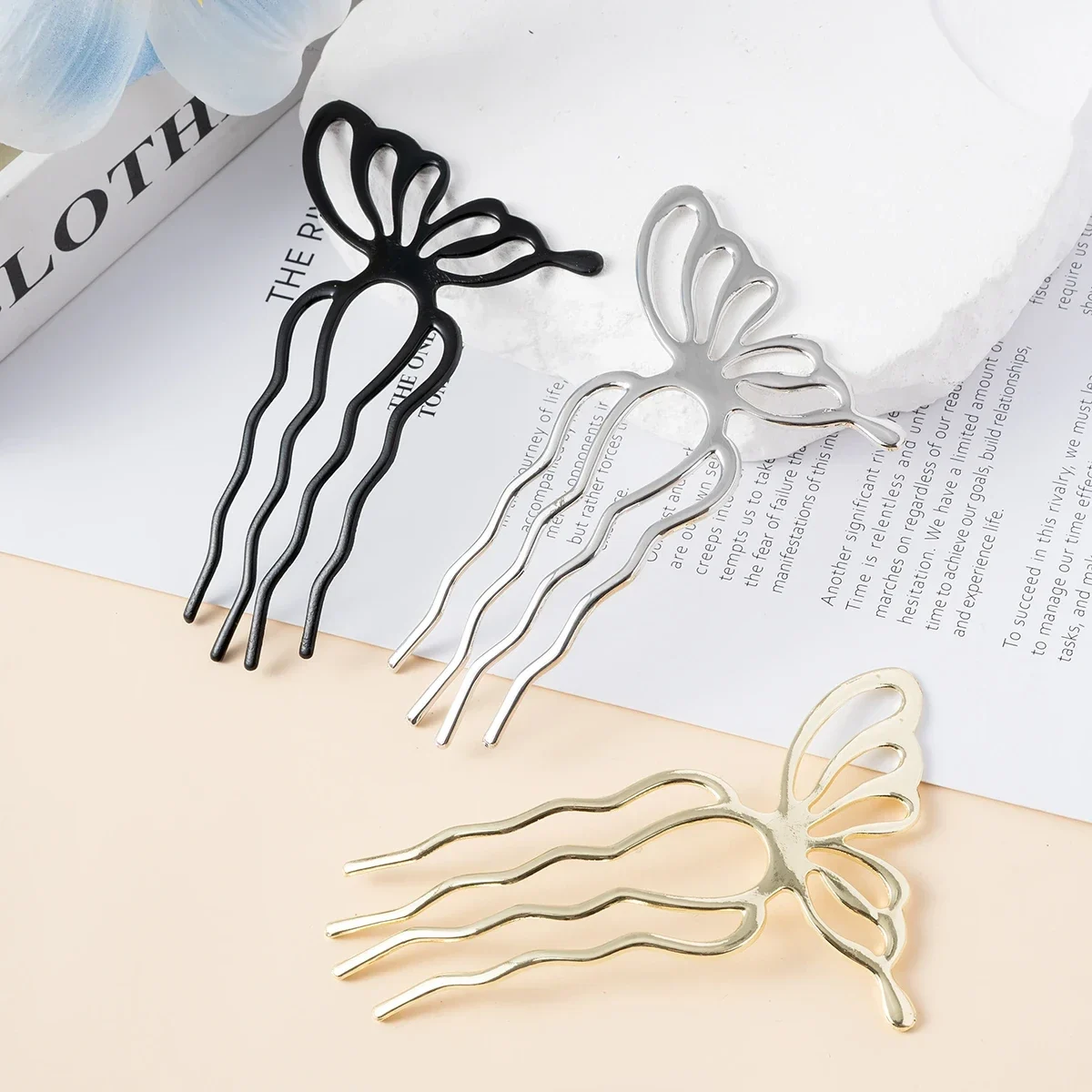 Butterfly U-shaped hair stick for buns, metal — representative supplier photograph