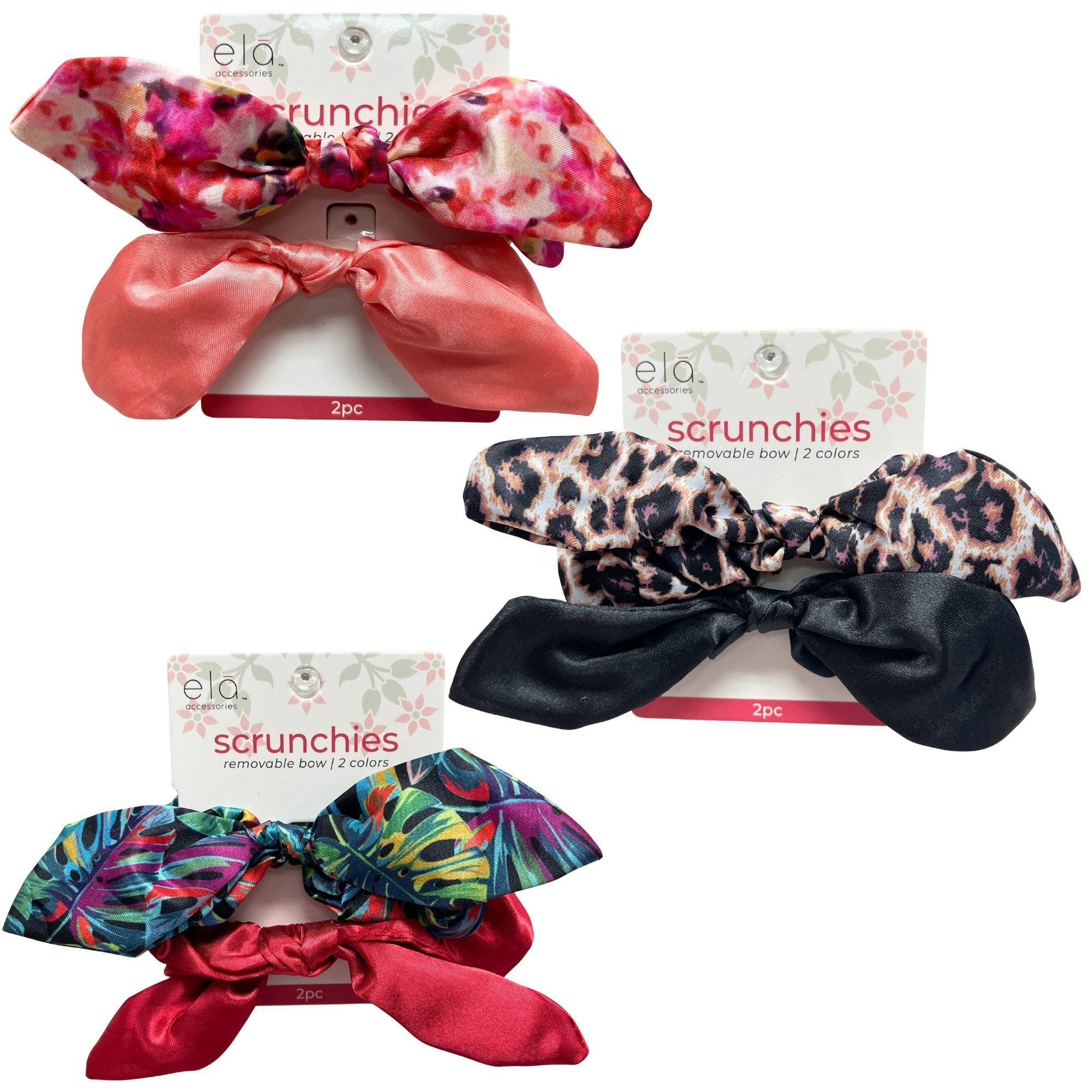 Bulk 42-Pack: Ela 2 Pack Bow Scrunchies In Assorted Colors and Designs