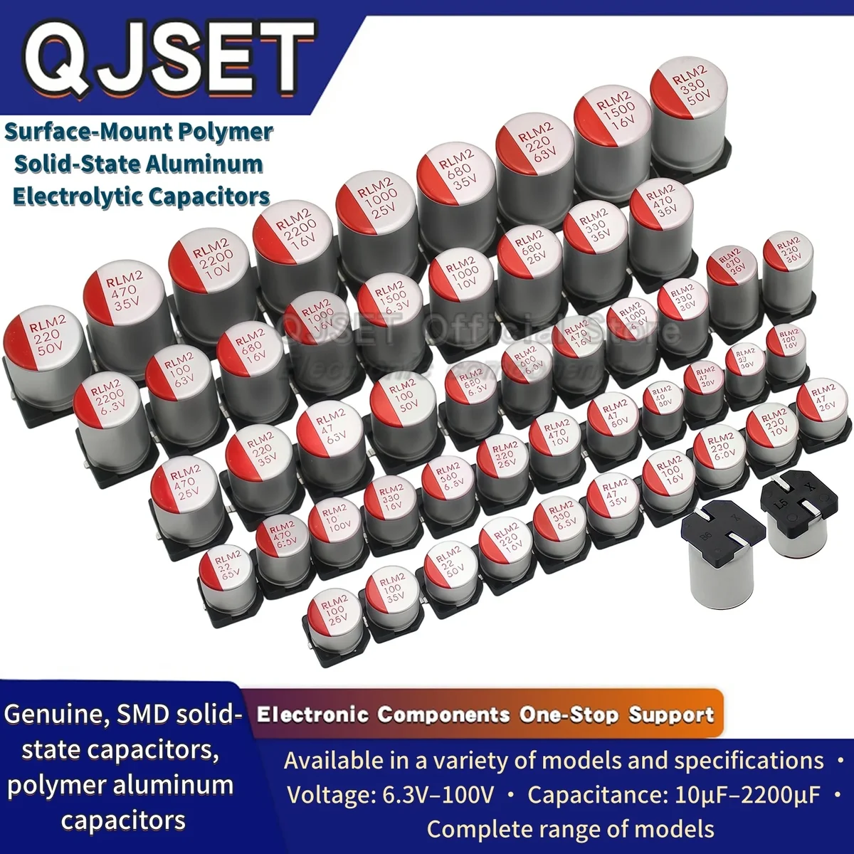 Solid polymer SMD capacitors, low ESR, pack of 10 — representative supplier photograph