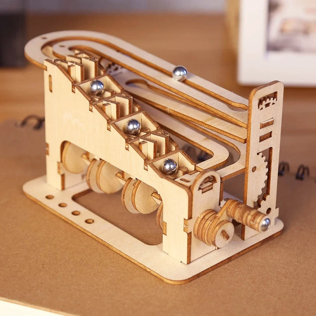 Wooden marble run 3D puzzle kit, spiral or climbing — representative supplier photograph