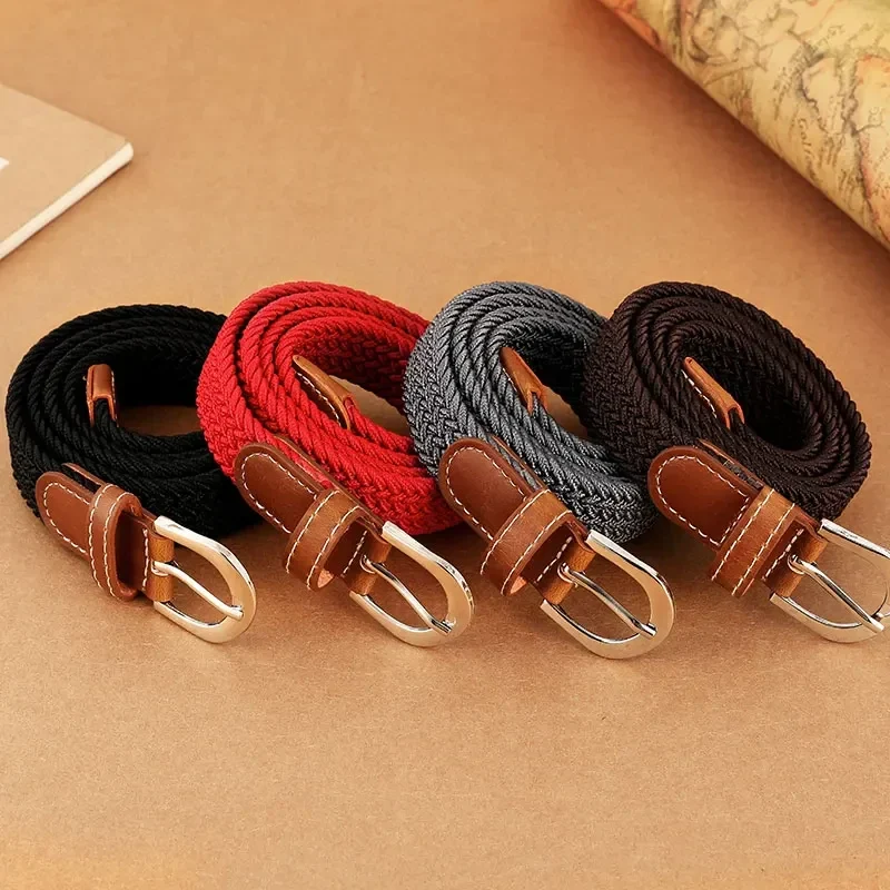 Narrow elastic braided belt with pin buckle, 2.4 cm wide — representative supplier photograph
