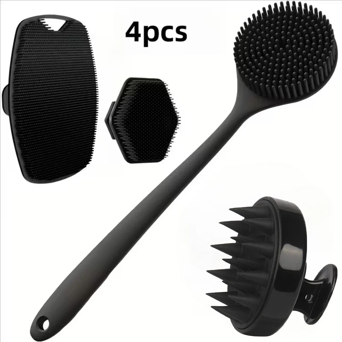 Silicone bath brush set, 4 pieces: long-handled back brush, body, face and scalp brushes — representative supplier photograph