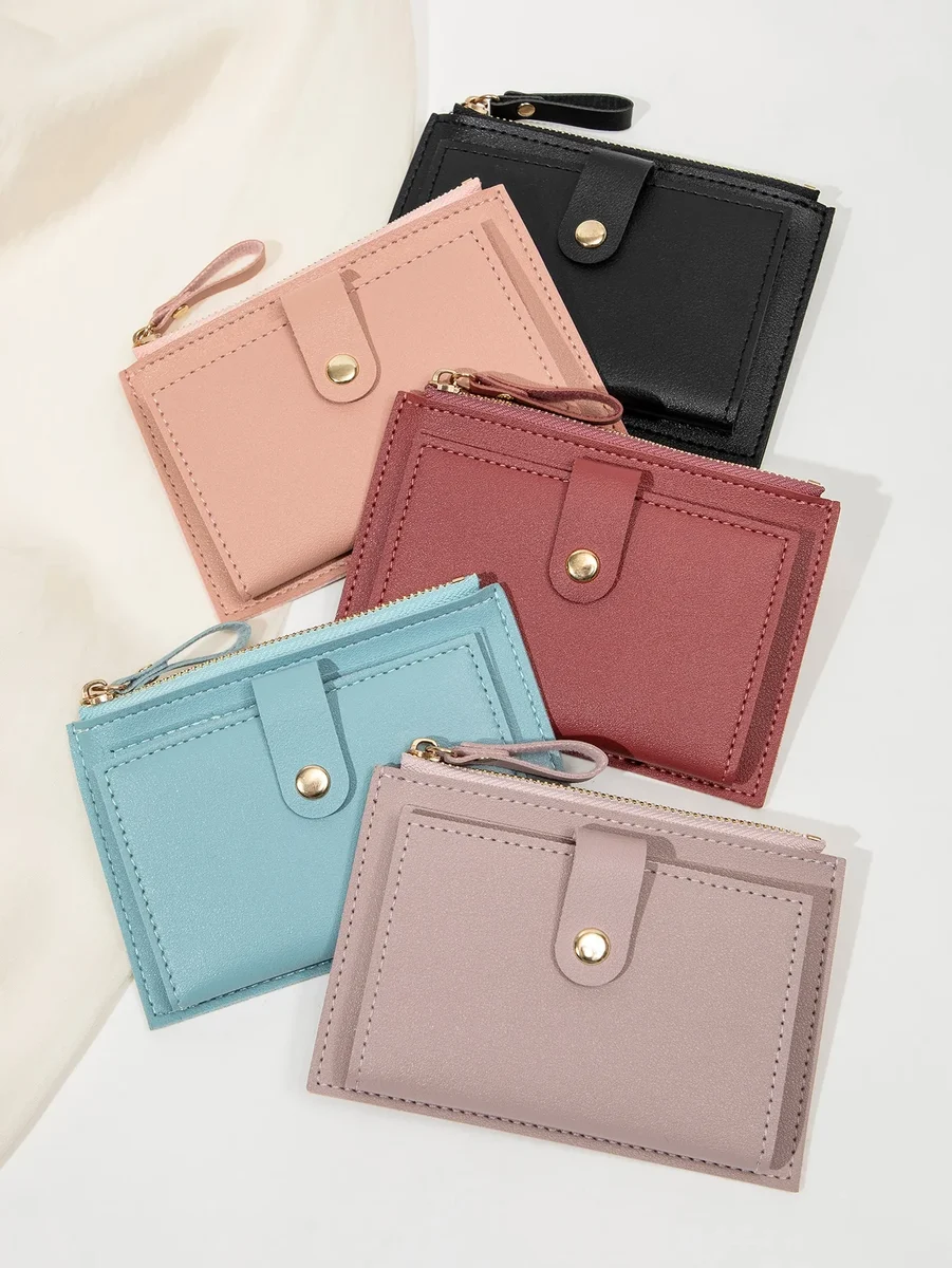 Women's slim faux-leather card wallet with zip pocket — representative supplier photograph
