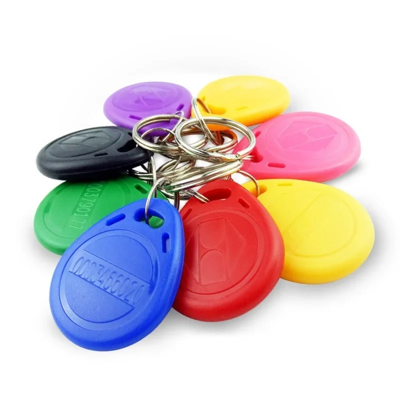 125 kHz RFID key fob tags, read-only, packs of 10 or 20 — representative supplier photograph