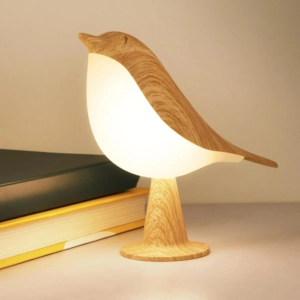 Bird-shaped rechargeable touch lamp, three light tones, dimmable — representative supplier photograph