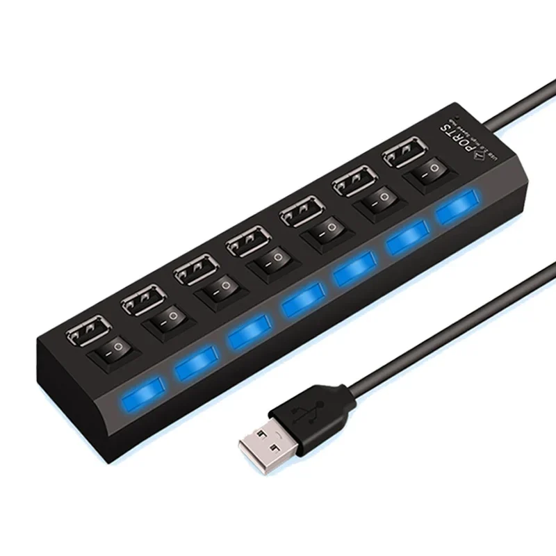 4 or 7-port USB 2.0 hub with individual on/off switches — representative supplier photograph