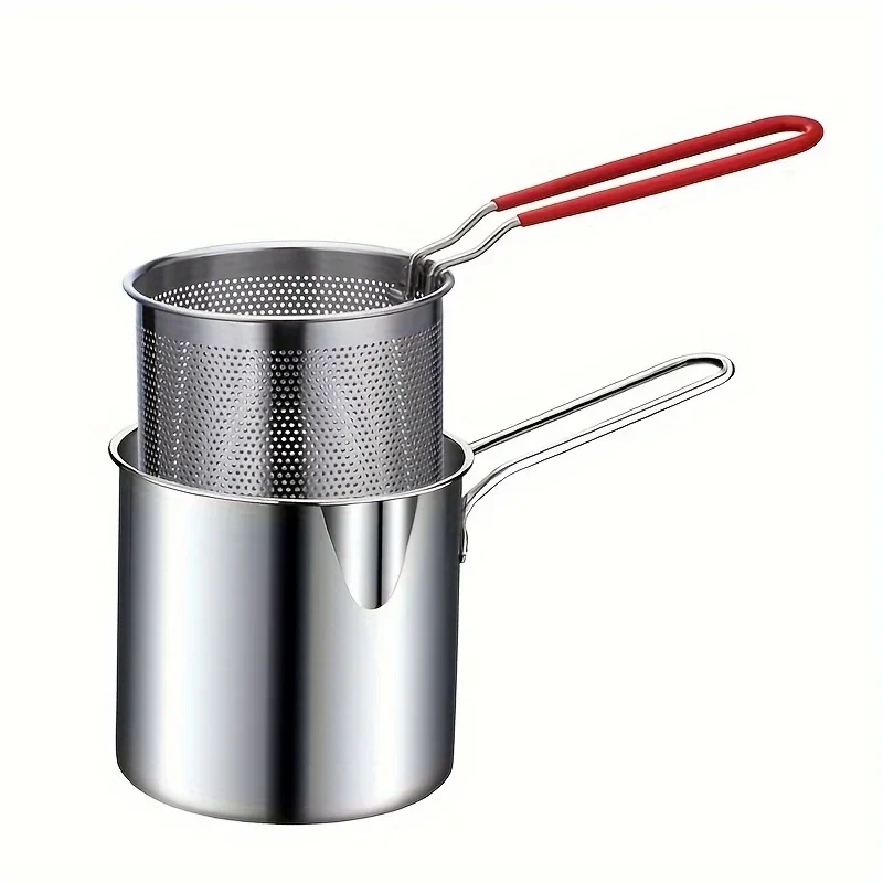 Stainless steel deep fryer pot with lift-out basket, 1.2 L — representative supplier photograph