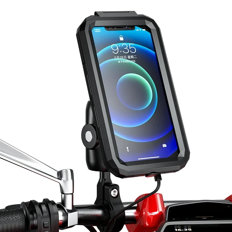 Waterproof motorcycle phone case with handlebar or mirror mount — representative supplier photograph