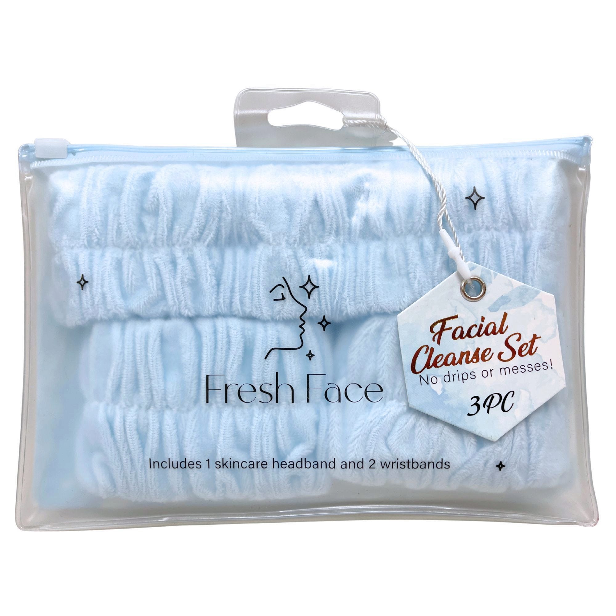 Bulk 24-Pack: Fresh Face 3 Piece Fleece Facial Cleanse Headband and Wristband Set in Blue