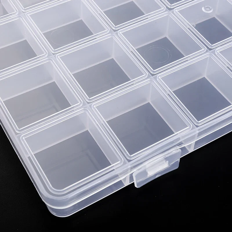 Clear plastic compartment box for beads, tackle and small parts, 9 to 28 grids — representative supplier photograph