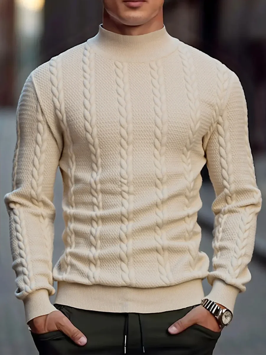 Men's cable-knit mock-neck sweater, slim fit, M to 3XL — representative supplier photograph