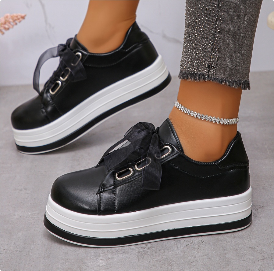 Single Large Size Casual European And American Lace-up Flat Round Toe Platform Women's Shoes — Black-36