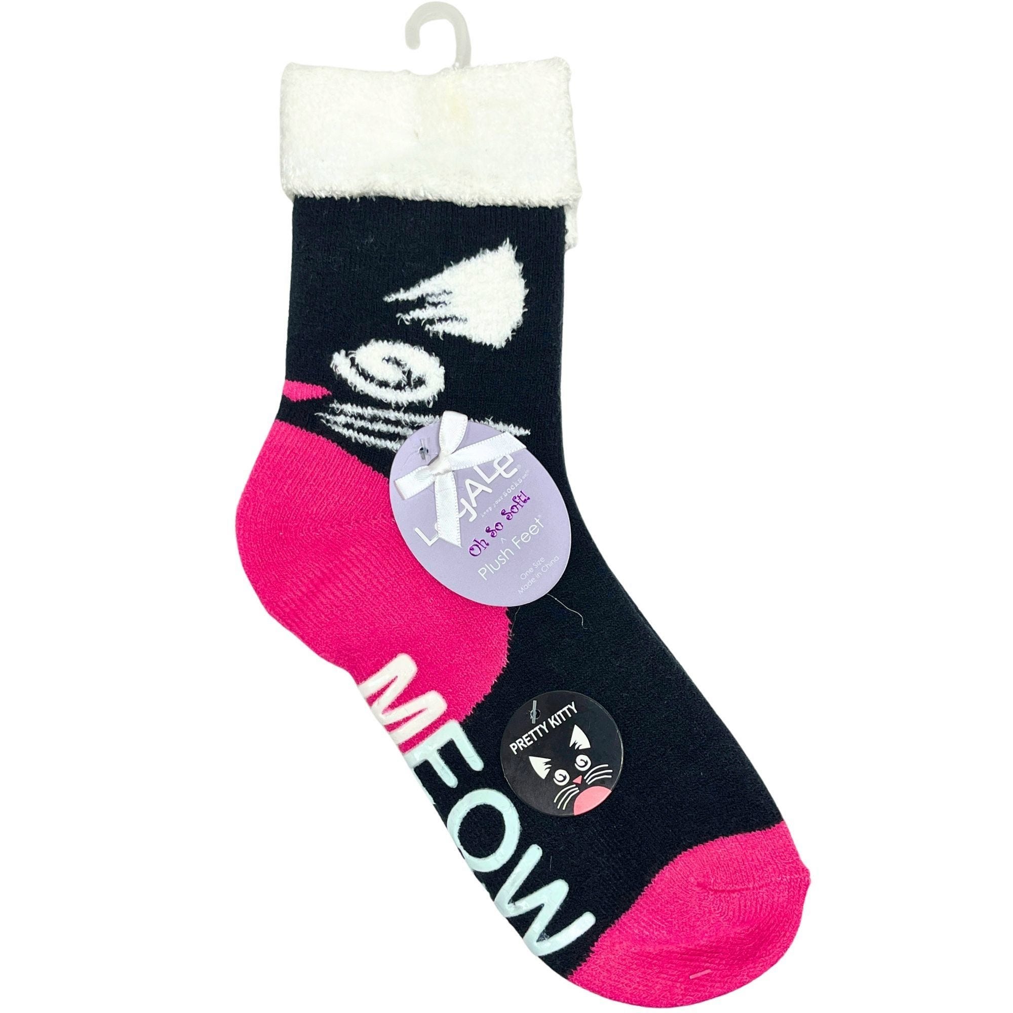 Bulk 24-Pack: Legale 1 Pair Plush Socks Duo Layer Kitty Design w/ Grip Black One Size