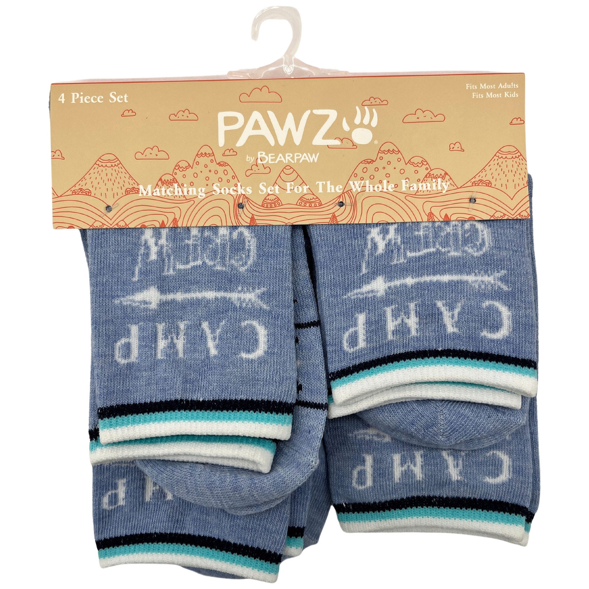 Bulk 12-Pack: BearPaw 4 Piece Assorted Sizes Family Matching Crew Socks in Blue Camp Design