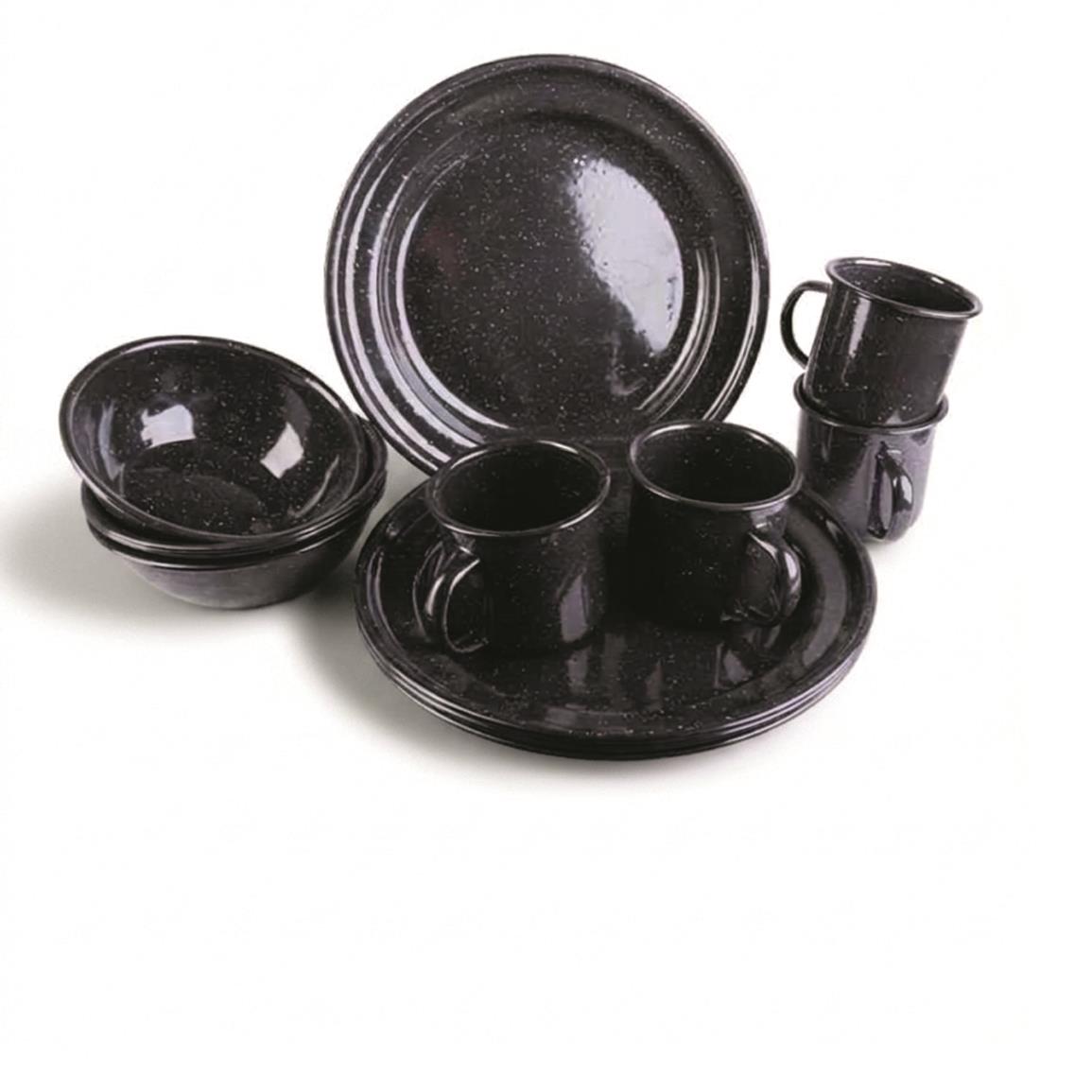 Mil-Tec 12-Piece Enamel Dinnerware Set — Black; twelve-piece dinnerware