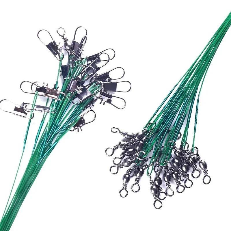 Steel wire fishing leaders with swivel and snap, 15 to 30 cm, 20 to 200 pack — representative supplier photograph