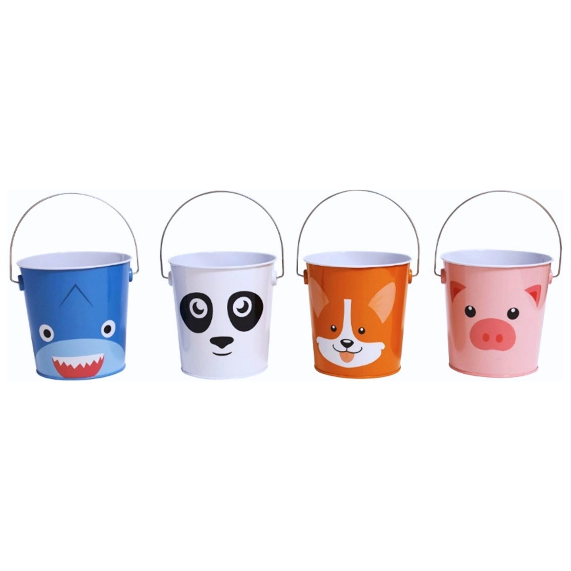 Bulk 48-Pack: 4.4'' x 4.5" Tin Buckets in 4 Assorted Animal Face Designs
