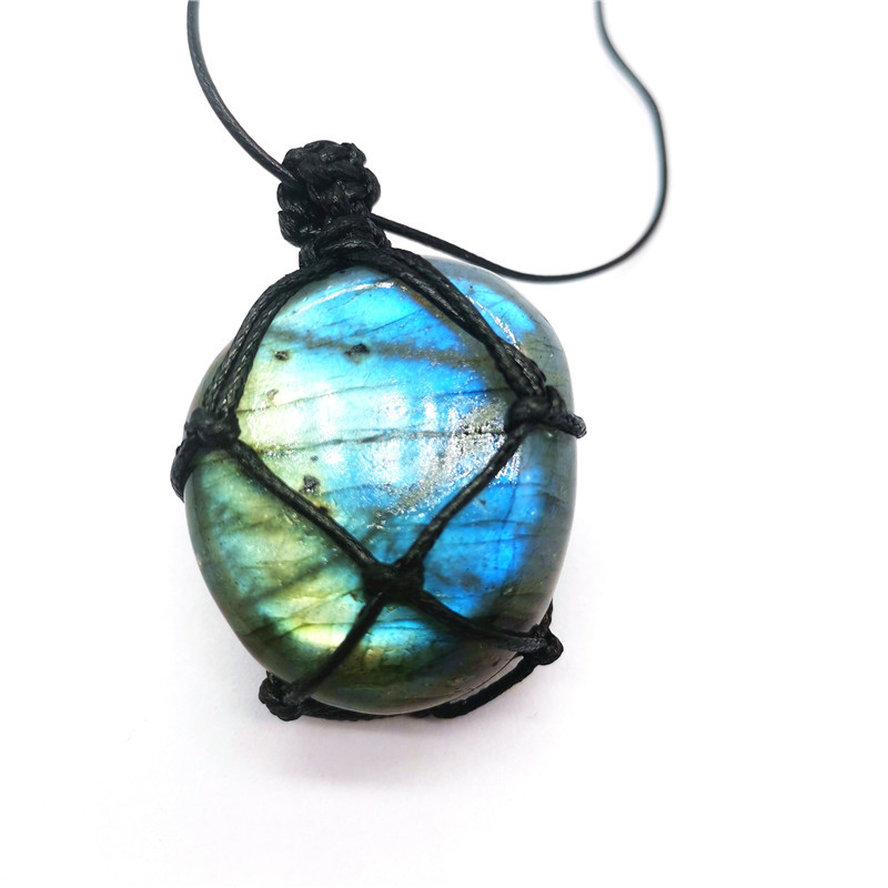 Natural Moonstone Labradorite Rough Stone Pendant Necklace Hand-woven Labradorite Net Bag Pendant — Blue